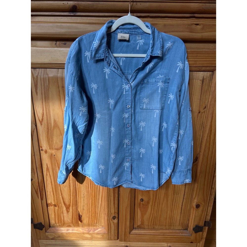 Elie Tahari Women Blue Palm Tree Print Tencel Lyocell Button Up Shirt Size M
